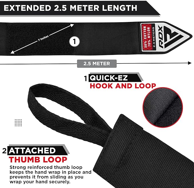 RDX WX Professional Boxing Hand Wraps Black - 2,5m