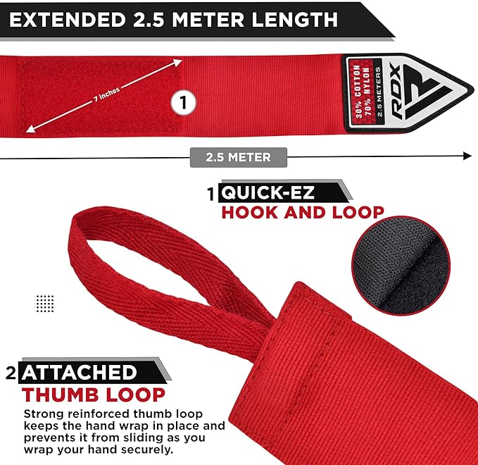 RDX WX Professional Boxing Hand Wraps Red - 2,5m