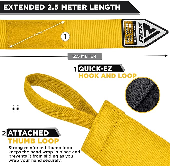 RDX WX Professional Boxing Hand Wraps Yellow - 2,5m