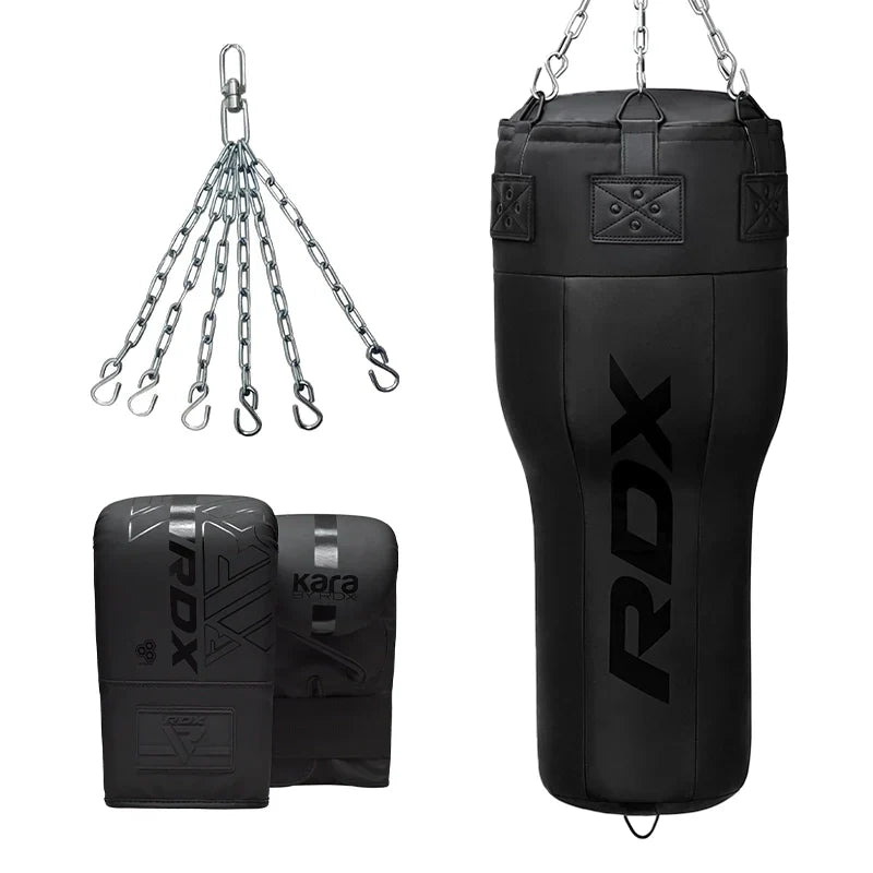 RDX 3-in-1 Angle Punch Bag Full Black with Gloves Set