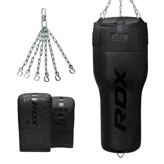 RDX 3-in-1 Angle Punch Bag Full Black with Gloves Set